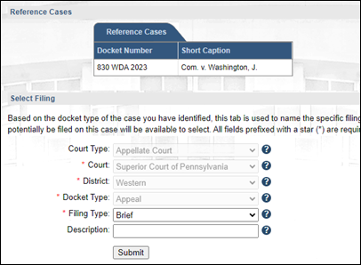 The Select Filing screen in the Case Filing wizard.